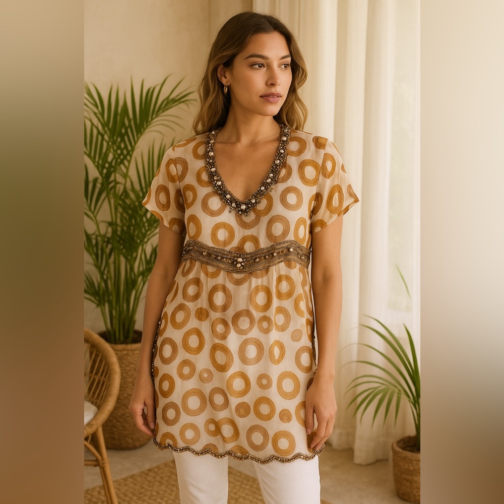 EUC Kareena’s  Sheer Tunic in Brown and Cream with Intricate Beading